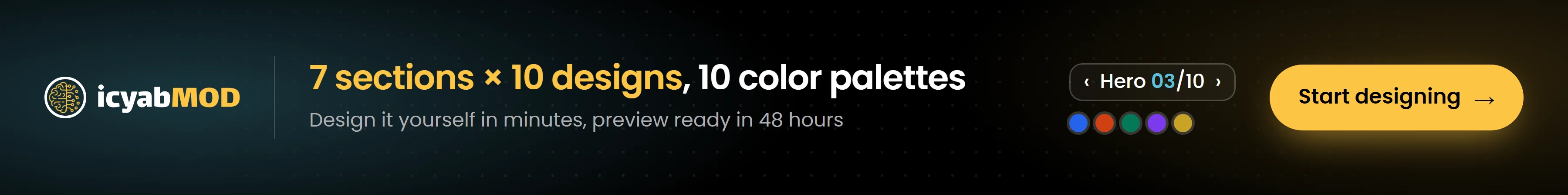 icyabmod — 7 sections × 10 designs and 10 color palettes: design your site yourself, preview ready in 48 hours