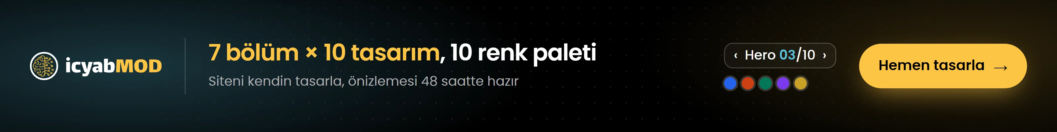 icyabmod — 7 bölüm × 10 tasarım ve 10 renk paletiyle siteni kendin tasarla, önizlemesi 48 saatte hazır